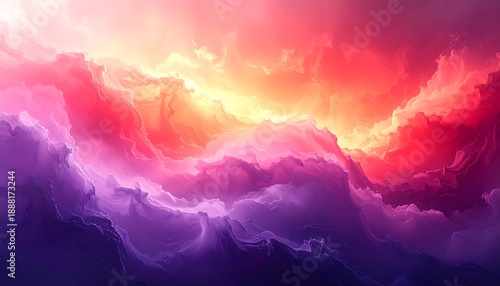 A vibrant abstract landscape features billowing clouds with gradations of red, orange, and purple hues