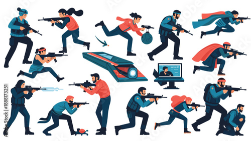 Large collection of tactical characters in various combat poses equipped with rifles, gadgets, and superhero capes.