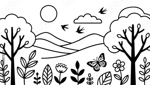 A cheerful monochrome vector landscape featuring trees, flowers, rolling hills, and flying birds, perfect for a coloring page or simple graphic design