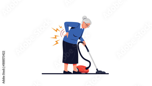 Elderly woman holding her lower back in pain while attempting to use a vacuum cleaner for housework in a white room.