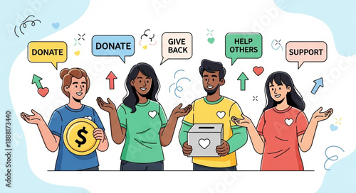 Diverse Group of People Participating in Charity and Donation Activities.
