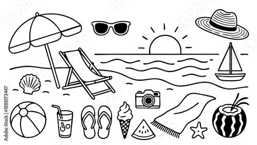 This vector illustration set features black outline doodle icons representing various summer and beach holiday objects, including an umbrella, chair