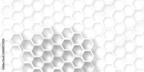 White Hexagonal Background. Luxury White Pattern. Futuristic honeycomb mosaic white background. Abstract embossed hexagon. Surface polygon pattern with glowing hexagon paper texture.