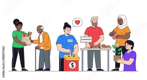 Diverse Group of People Participating in Community Charity Event.