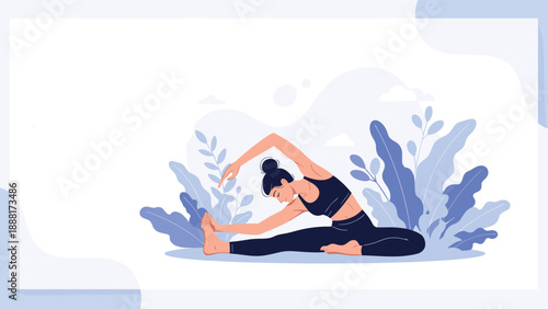 Young woman in black athletic wear practicing a yoga stretching pose in a peaceful setting with blue botanical shapes.