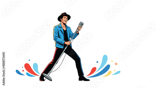 Male singer in a blue denim jacket and black hat performing with a microphone on a white background with colorful splashes.