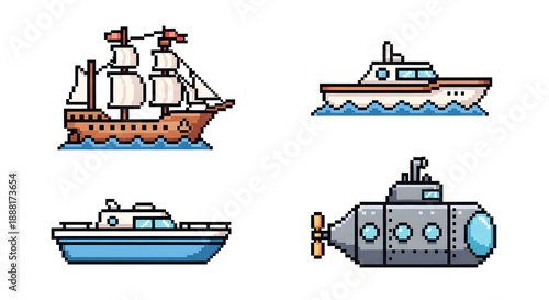 A vibrant pixel art collection showcasing various watercraft, including a classic sailing ship, modern motorboats, and a detailed submarine, perfect for retro game design and digital projects.