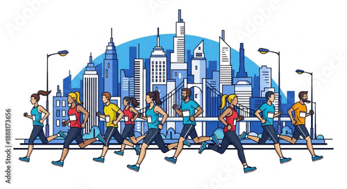 Diverse group of people running a marathon in a city skyline.