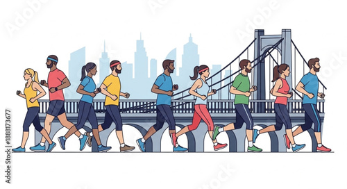 Diverse group of people running a marathon in a city with a bridge.