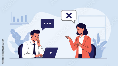 Female manager gesturing rejection with a cross sign while a male employee looks worried at his laptop during a work meeting.