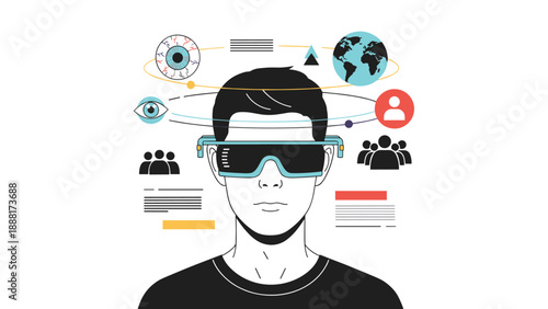 Man wearing futuristic augmented reality glasses with digital icons for data, vision, and global connectivity around his head.