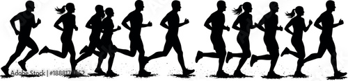 Running Men and Women Group Silhouette Vector Silhouette Black and White Cricut Design for Marathon, Fitness Club, and Athletic Training Graphics