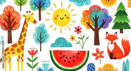 Colorful illustration of a giraffe and fox in a whimsical forest with watermelon and flowers.