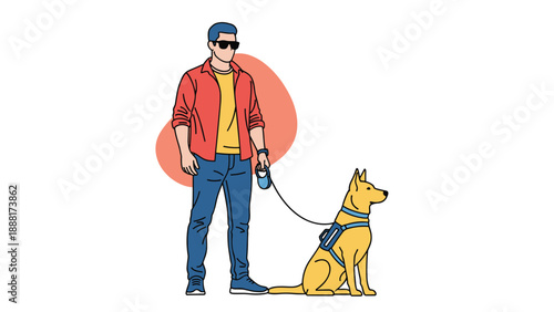 Blind man wearing dark sunglasses walks with a trained guide dog in a harness to navigate safely through his surroundings.