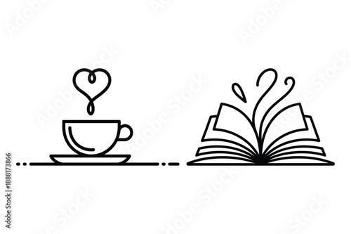 Open Book with Coffee Cup and Heart Steam