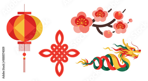 Vibrant Chinese New Year elements with dragon, lantern, and blossoms