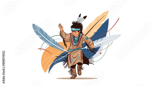 Native American dancer wearing traditional clothing and a feathered headdress performs a ceremonial dance with large colorful feathers.