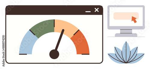 Website performance, speed optimization, usability testing, online efficiency, digital balance, productivity. Gauge with color zones, computer monitor nature element. Speed optimization and digital