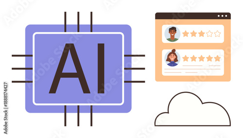 Artificial intelligence, user reviews, cloud storage, data analysis, technology development, innovation. Image shows AI chip, user ratings panel and a cloud icon. AI and user reviews concept
