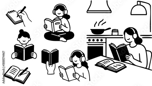 Black and white vector collection showing people reading books, studying, writing notes, and performing domestic activities like cooking