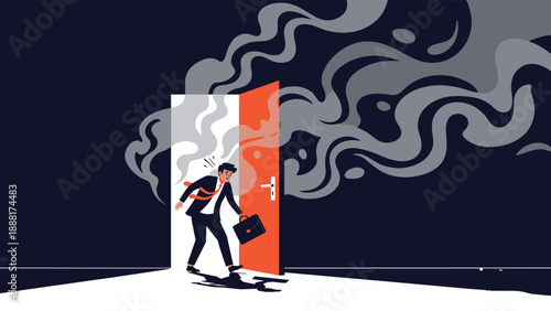 Stressed businessman in a suit carries a briefcase while running through an open door to escape a large cloud of grey smoke.