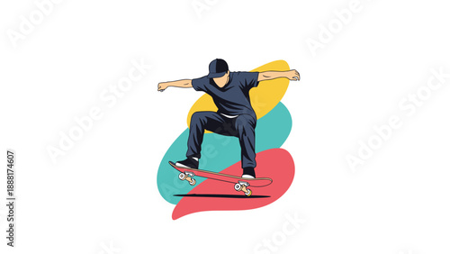 Skilled skateboarder performing an impressive jump trick on a red skateboard against a background of abstract colorful shapes.