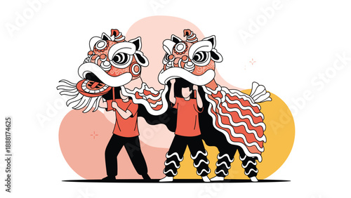 Two performers dressed in vibrant red and white costumes participate in a traditional Chinese lion dance during a festive celebration.