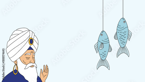 Elderly man with a white beard and blue turban prays peacefully while two blue fish hang from strings on a light background.