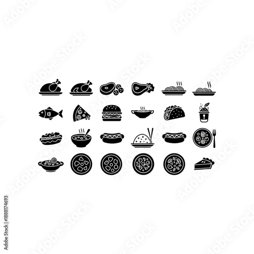 Collection of various food icons arranged neatly, illustration, white background, top view