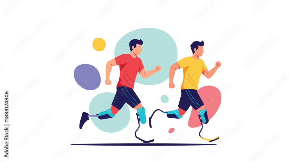 Obraz premium Two male athletes with prosthetic running blades race forward with determination against a backdrop of colorful abstract circles.