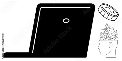 Laptop with a coin symbolizing digital economy next to a head filled with flowers representing creativity and mental growth. Ideal for education, innovation, finance, technology, wellness