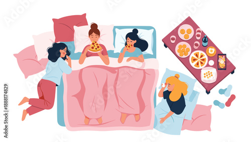 Group of female friends enjoy a fun slumber party together on a bed while eating pizza and various snacks in a cozy bedroom.