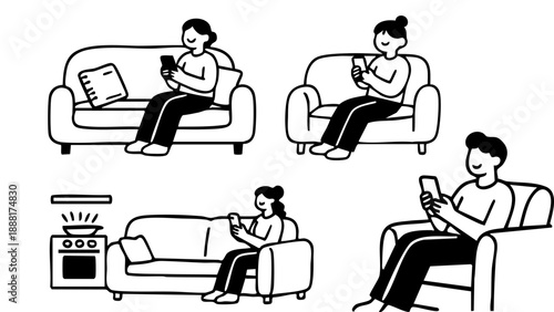 Four minimalist illustrations show happy people sitting on sofas and armchairs using smartphones for social networking or entertainment at home