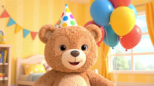 A cartoon plush teddy bear wearing a party hat waves its paw in a child's room, suitable for congratulatory video cards, children's invitations, and decorating a child's room