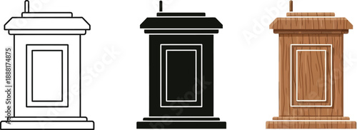Collection of podium icons in outline solid black and wood texture styles representing public speaking and presentation concepts for design