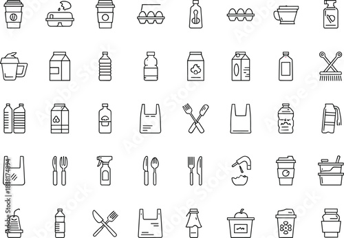 Set of food packaging and cutlery line icons including bottles, cups, bags and egg cartons, vector illustration.