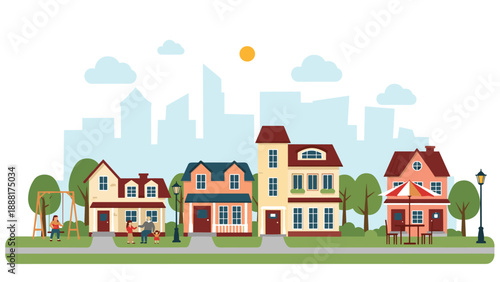 Peaceful suburban neighborhood street featuring colorful houses, green trees, and families spending time together in their yards.