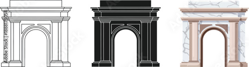 Collection of triumphal arch illustrations in outline silhouette and marble styles representing architecture and historical landmarks for design
