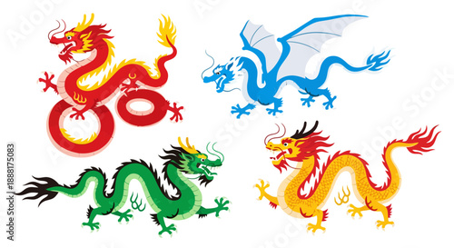 Vibrant dragon illustrations in red, blue, green, and gold colors