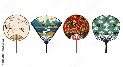 Vibrant hand fans with unique designs and colorful patterns on display