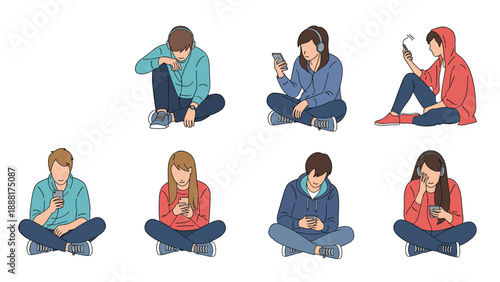 Row of young people sitting on the ground are all deeply engrossed in their individual smartphones while wearing casual clothes.