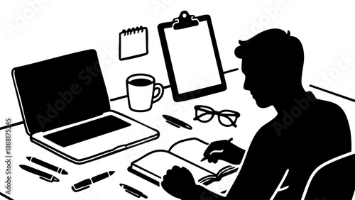 A silhouette vector illustration shows a person writing notes in a book while working at a busy desk with a laptop, coffee mug, and clipboard