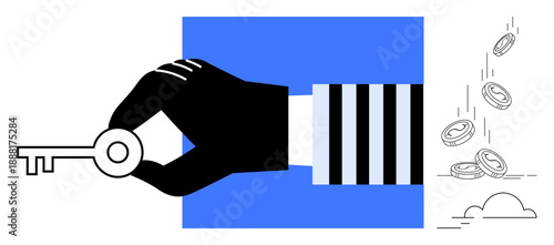 Security, financial access, data protection, cybercrime, wealth control, monetary exchange. A hand holds a key next to falling coins. Security and financial access concept
