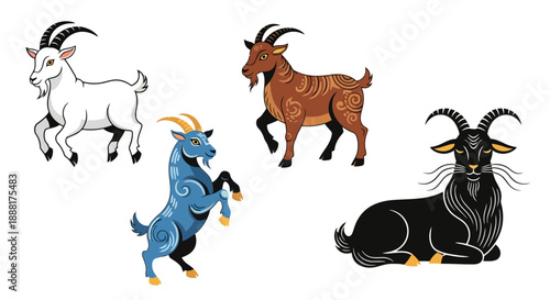 Colorful goat illustrations in various poses and colors
