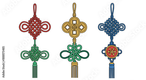 Vibrant Tibetan prayer flags in red, gold, and blue with intricate designs