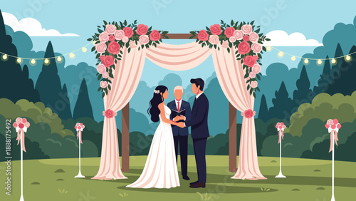 Beautiful outdoor wedding ceremony with bride and groom standing under flower arch and officiant in scenic forest park.