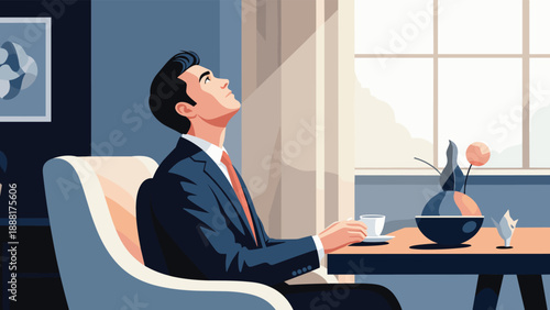 Businessman in formal suit sitting in office and looking up towards beam of light with inspired expression.