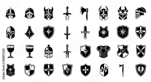 Collection of black and white medieval heraldic symbols and shields.