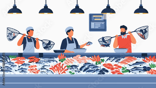 Professional fishmongers working at seafood market counter displaying variety of fresh fish and shrimp on crushed ice.