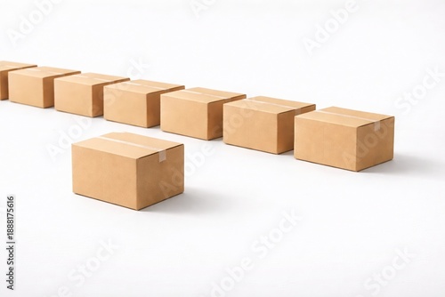 One cardboard box slightly pulled forward and softly illuminated among a neat row of identical boxes on white background, concept of package check and quality control in logistics